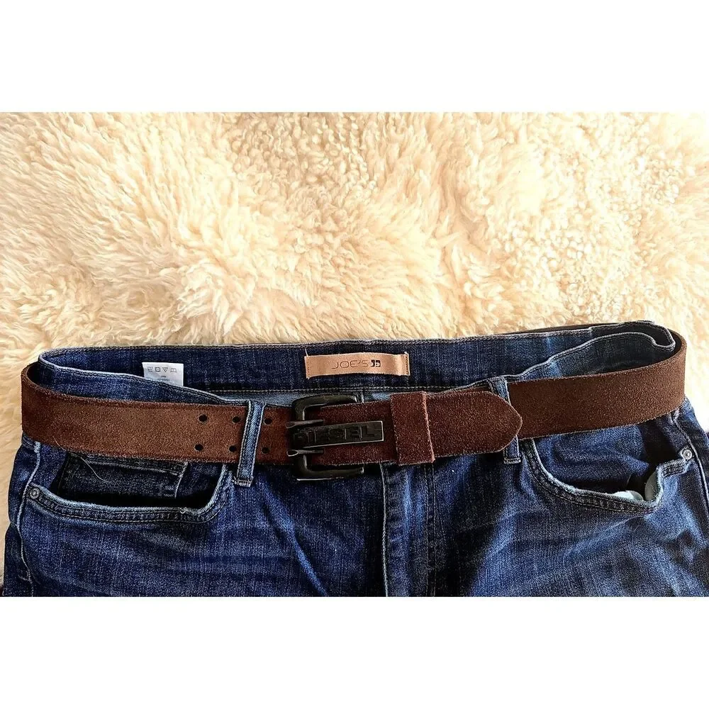 Diesel Suede Leather Dress Belt Brown Adjustable Italy Metal Buckle 100/40